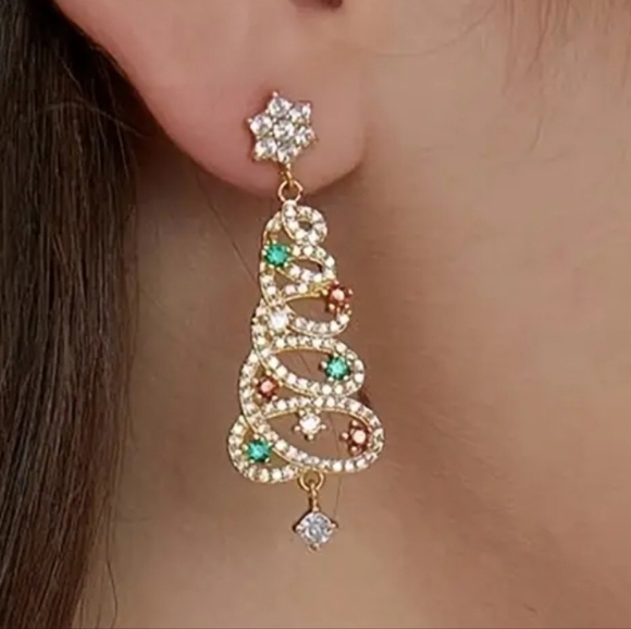 Jewelry - Elegant Christmas Tree Dangle Earrings With Multicolor Zirconia Stones Gold